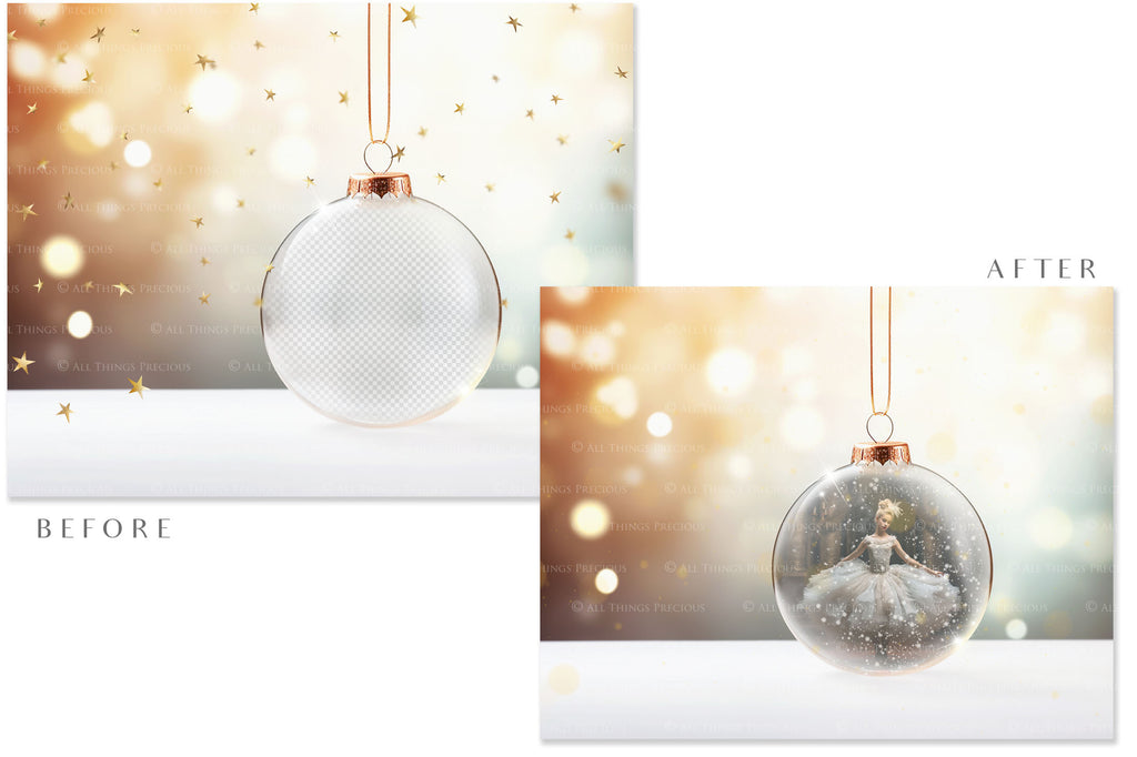 Christmas Glass Bauble Ornament Overlay and Background, with snow flurries and a PSD template. The globe is transparent. This file is 6000 x 4000, 300dpi. Photography, Scrapbooking, Photo Overlays, Print Art Card Edit Png, Jpeg, Psd. ATP Textures.