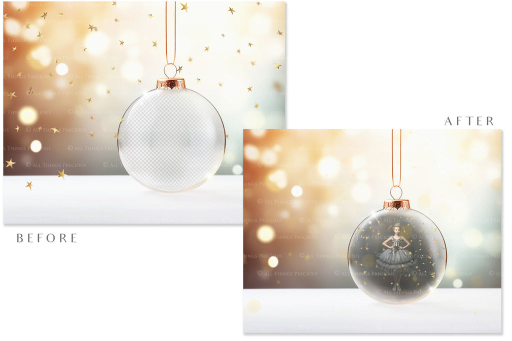 Christmas Glass Bauble Ornament Overlay and Background, with snow flurries and a PSD template. The globe is transparent. This file is 6000 x 4000, 300dpi. Photography, Scrapbooking, Photo Overlays, Print Art Card Edit Png, Jpeg, Psd. ATP Textures.