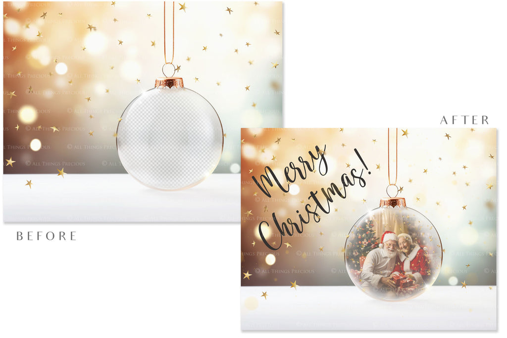 Christmas Glass Bauble Ornament Overlay and Background, with snow flurries and a PSD template. The globe is transparent. This file is 6000 x 4000, 300dpi. Photography, Scrapbooking, Photo Overlays, Print Art Card Edit Png, Jpeg, Psd. ATP Textures.