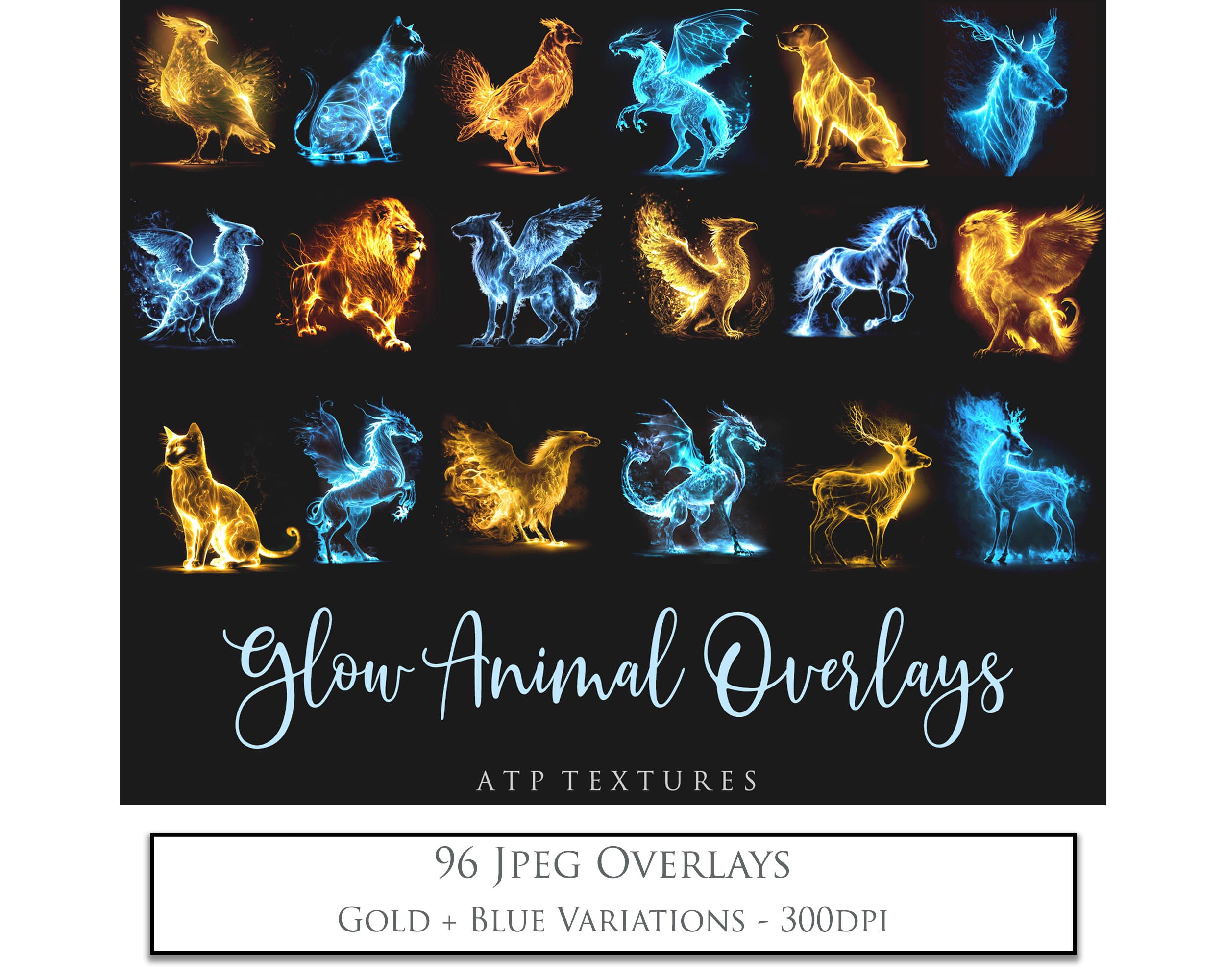 Glowing Patronus Animals. Glow overlays, 300dpi, Owl, Deer, Horse, Phoenix, Griffin. Atp textures, photo editing, Magical overlay. Harry Potter Photography. High resolution, digital download. Find more overlays, textures and Actions in my store. ATP Textures.