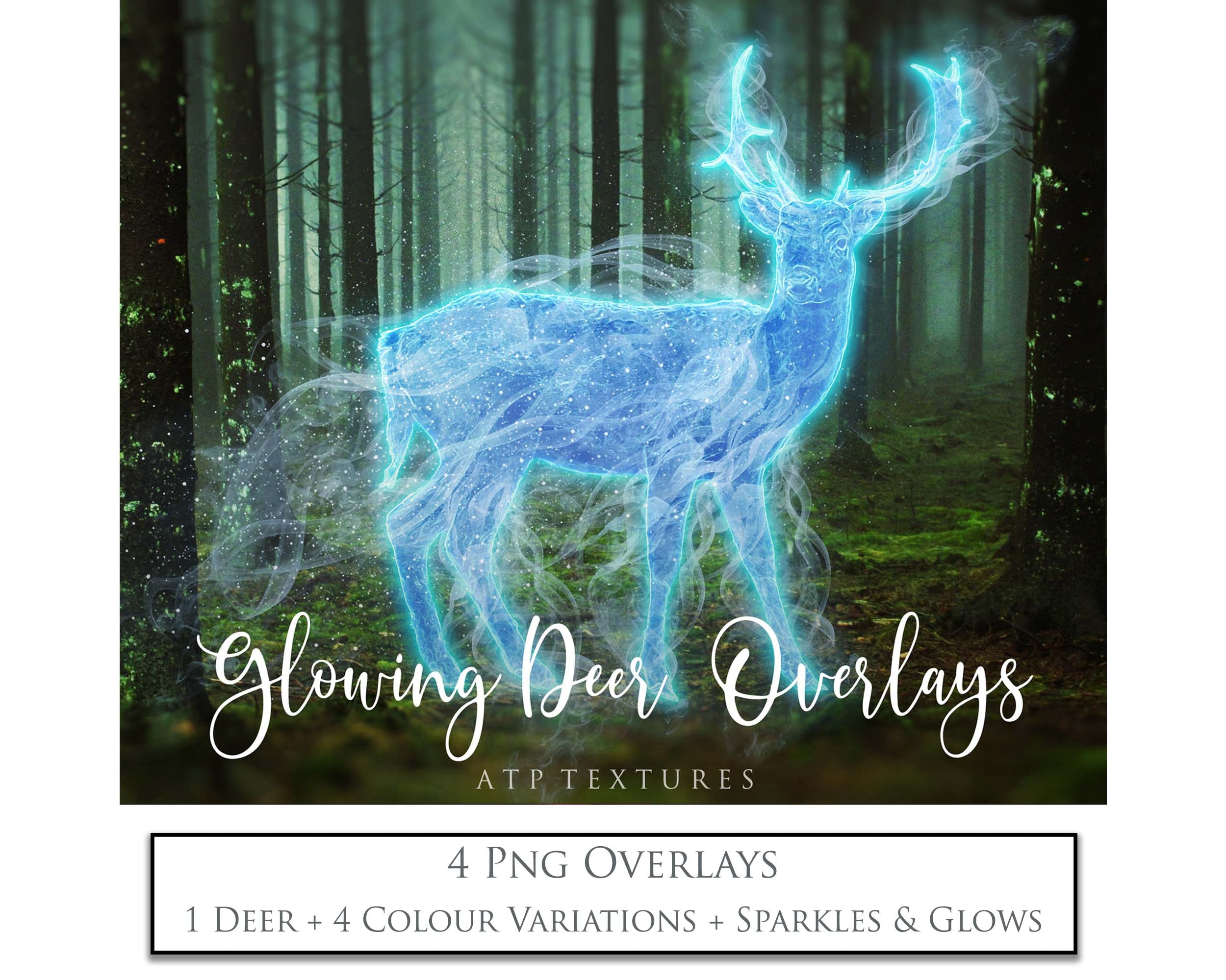 Overlays. Png deer style with 4 colour variations. A total of 16 png overlays. 1 PSD template and Video tutorial. ATP Textures. Graphic Assets and digital art design for Photographers.