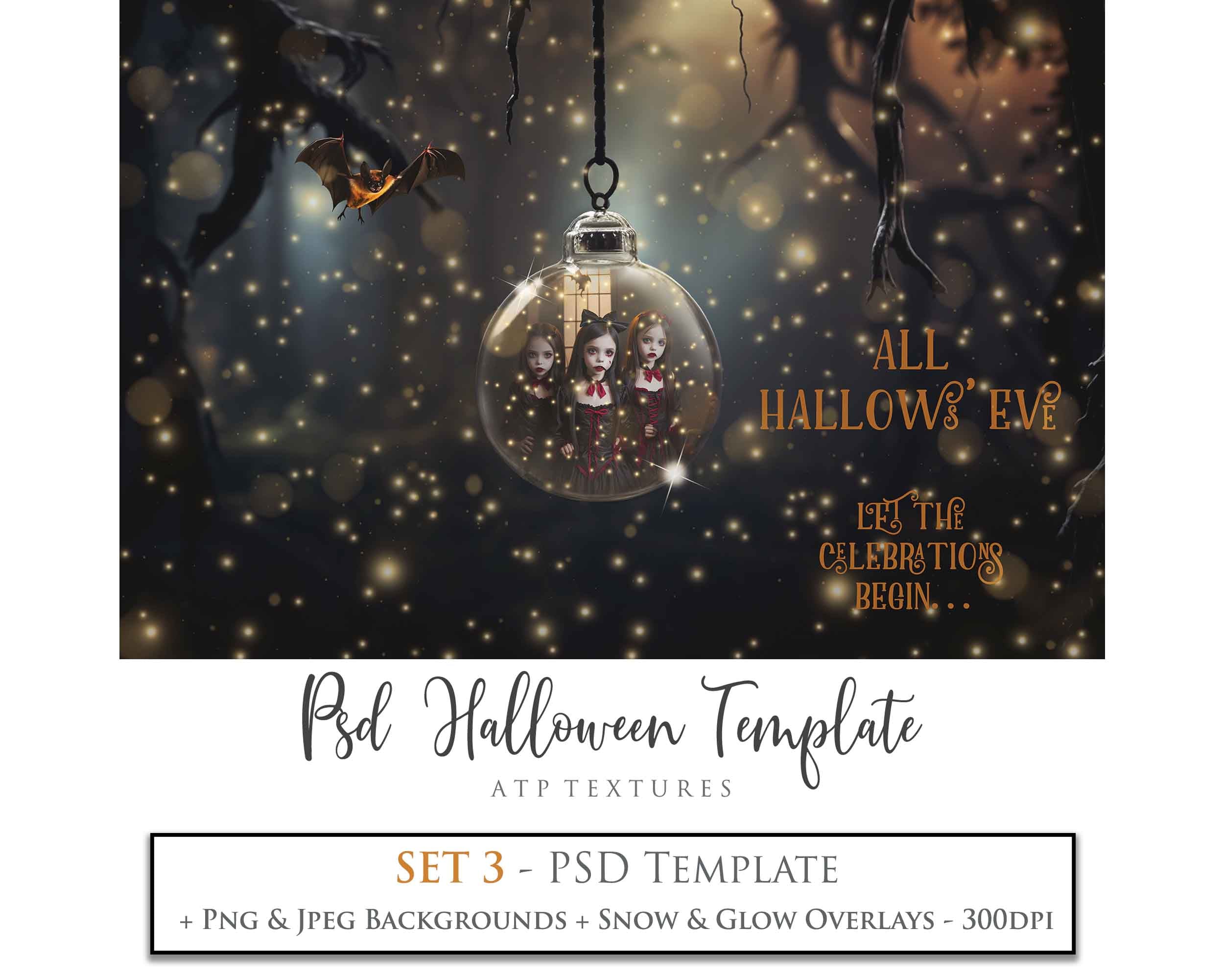 Magical Halloween Template Background. Snow globe with overlays. Add a photo to the digital background. Glass Effect Ornament bauble. Jpeg and Png copies. With magic overlays included. High resolution, quality files for photography, scrapbooking. ATP Textures
