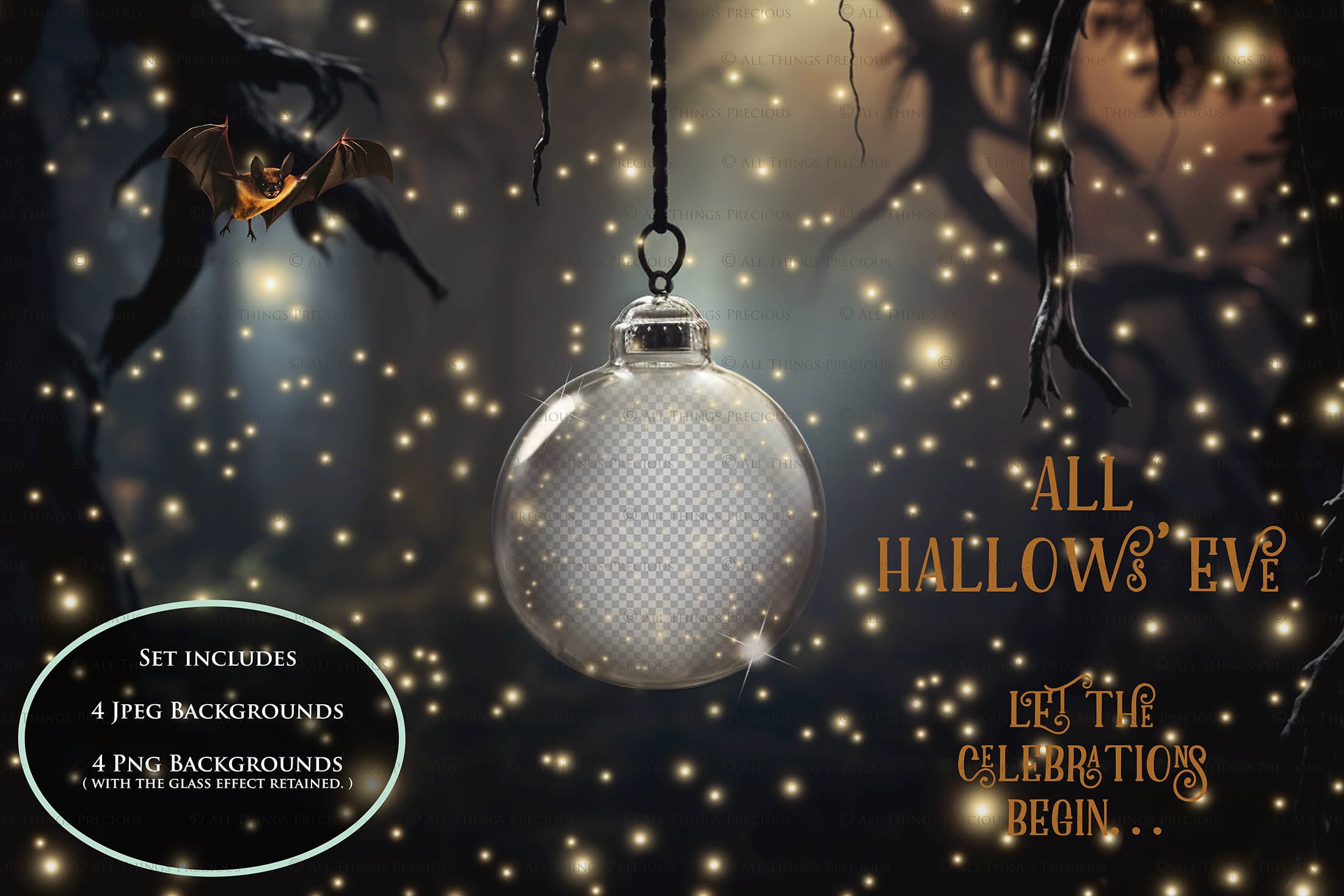 Magical Halloween Template Background. Snow globe with overlays. Add a photo to the digital background. Glass Effect Ornament bauble. Jpeg and Png copies. With magic overlays included. High resolution, quality files for photography, scrapbooking. ATP Textures