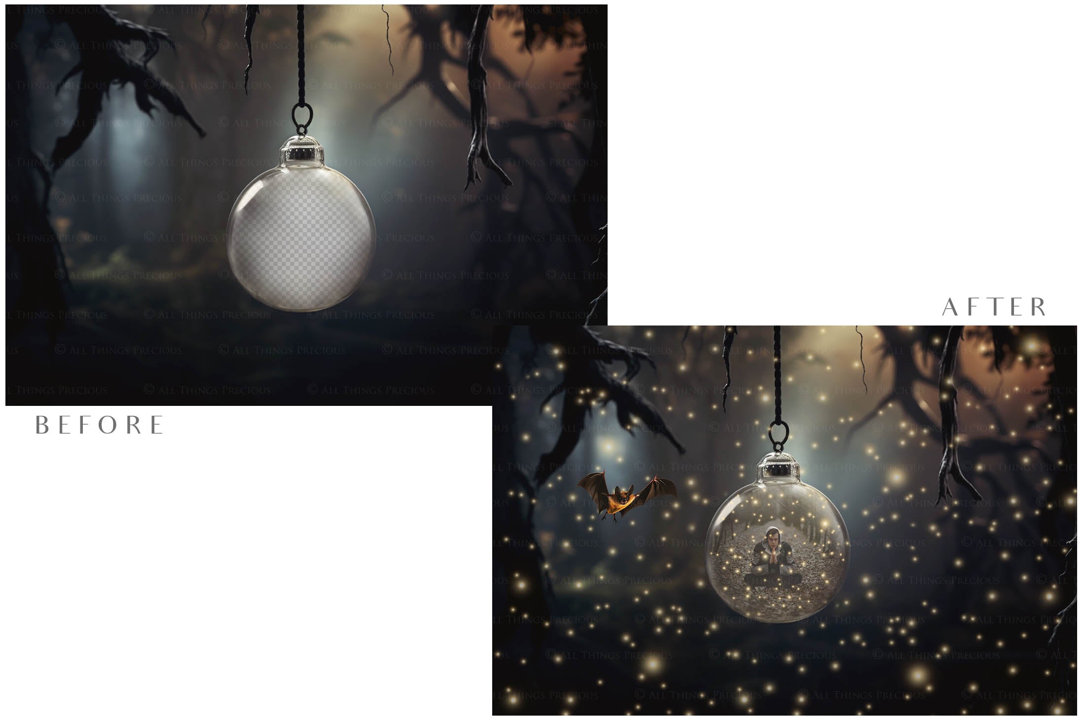 Magical Halloween Template Background. Snow globe with overlays. Add a photo to the digital background. Glass Effect Ornament bauble. Jpeg and Png copies. With magic overlays included. High resolution, quality files for photography, scrapbooking. ATP Textures