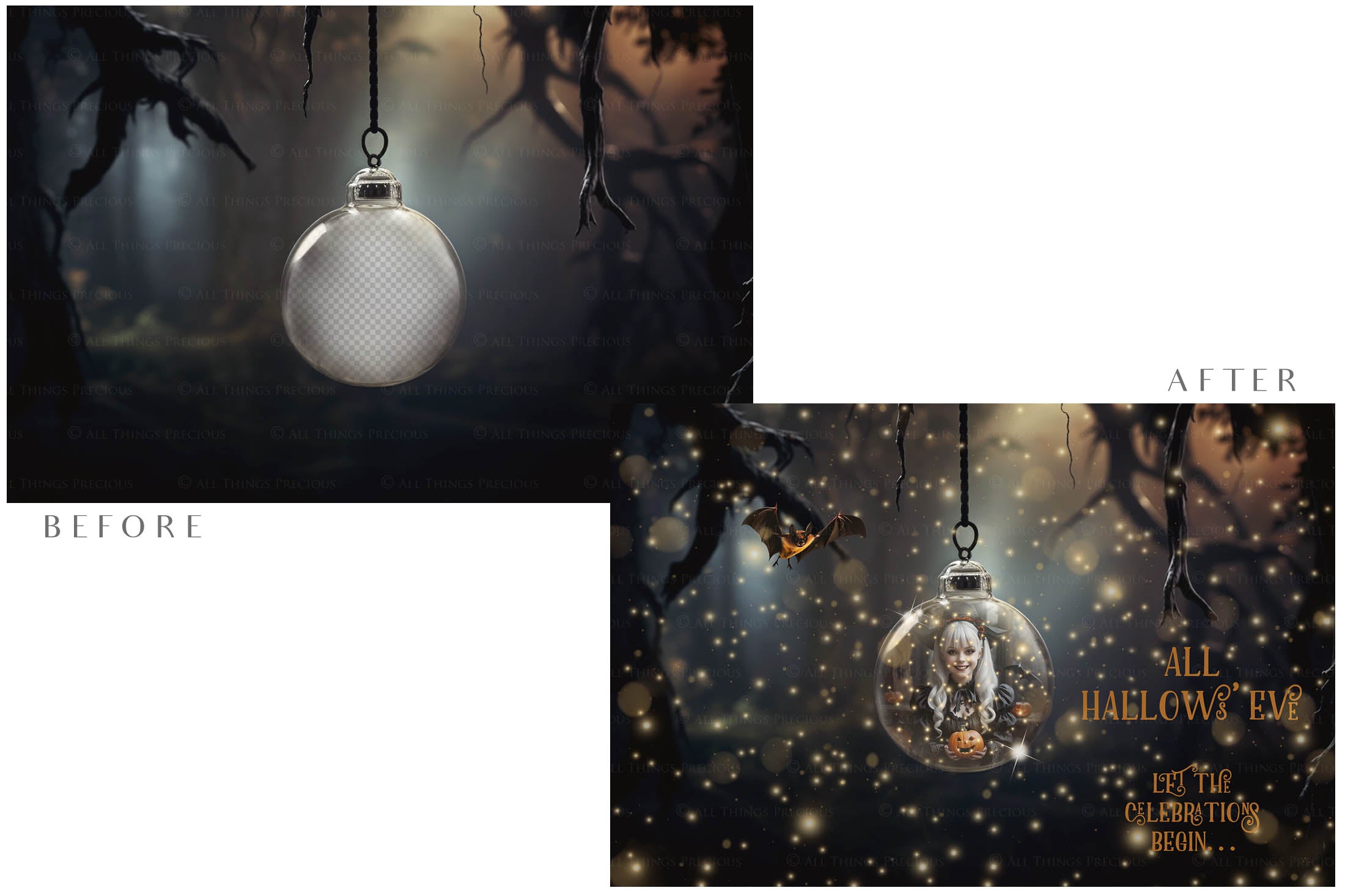 Magical Halloween Template Background. Snow globe with overlays. Add a photo to the digital background. Glass Effect Ornament bauble. Jpeg and Png copies. With magic overlays included. High resolution, quality files for photography, scrapbooking. ATP Textures