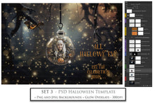 Load image into Gallery viewer, Magical Halloween Template Background. Snow globe with overlays. Add a photo to the digital background. Glass Effect Ornament bauble. Jpeg and Png copies. With magic overlays included. High resolution, quality files for photography, scrapbooking. ATP Textures
