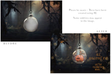 Load image into Gallery viewer, Magical Halloween Template Background. Snow globe with overlays. Add a photo to the digital background. Glass Effect Ornament bauble. Jpeg and Png copies. With magic overlays included. High resolution, quality files for photography, scrapbooking. ATP Textures
