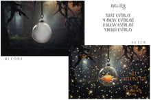Load image into Gallery viewer, Magical Halloween Template Background. Snow globe with overlays. Add a photo to the digital background. Glass Effect Ornament bauble. Jpeg and Png copies. With magic overlays included. High resolution, quality files for photography, scrapbooking. ATP Textures
