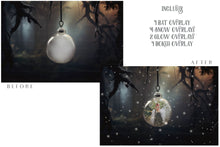 Load image into Gallery viewer, Magical Halloween Template Background. Snow globe with overlays. Add a photo to the digital background. Glass Effect Ornament bauble. Jpeg and Png copies. With magic overlays included. High resolution, quality files for photography, scrapbooking. ATP Textures
