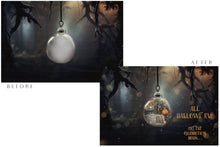 Load image into Gallery viewer, Magical Halloween Template Background. Snow globe with overlays. Add a photo to the digital background. Glass Effect Ornament bauble. Jpeg and Png copies. With magic overlays included. High resolution, quality files for photography, scrapbooking. ATP Textures
