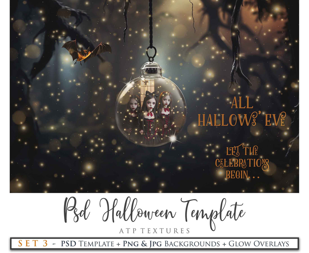 Magical Halloween Template Background. Snow globe with overlays. Add a photo to the digital background. Glass Effect Ornament bauble. Jpeg and Png copies. With magic overlays included. High resolution, quality files for photography, scrapbooking.
