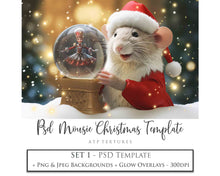 Load image into Gallery viewer, Digital Snow Globe Background. Png snow and glow overlays with PSD Template. The globe is transparent, perfect for adding your own images and retain the glass  effect. Nutcracker Mouse Christmas. The file is 6000 x 4000, 300dpi. Png Included. Use for Xmas edits, Photography, Card Crafts, Scrapbooking. ATP Textures
