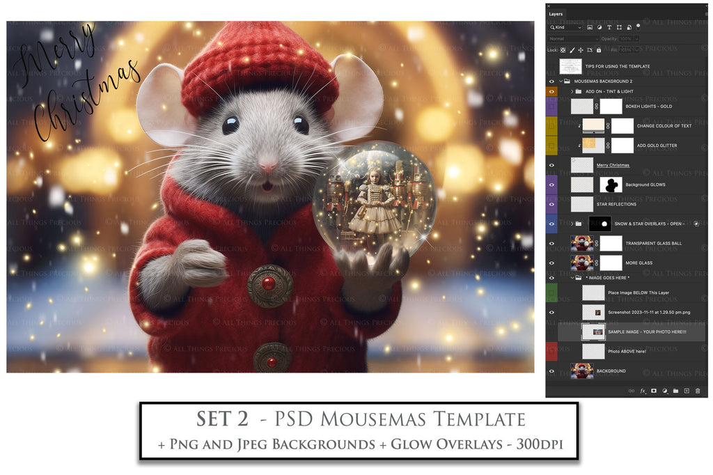 Digital Snow Globe Background. Png snow and glow overlays with PSD Template. The globe is transparent, perfect for adding your own images and retain the glass effect. Nutcracker Mouse Christmas. The file is 6000 x 4000, 300dpi. Png Included. Use for Xmas edits, Photography, Card Crafts, Scrapbooking. ATP Textures