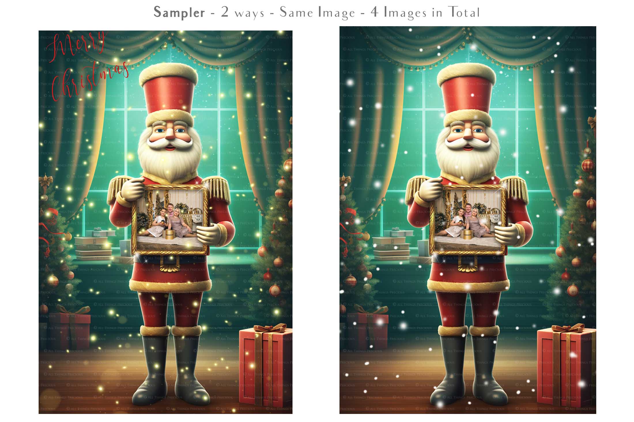Christmas Nutcracker Frame Background, with glows, snow flurries and a PSD template included in the set.  The frame transparent, perfect for you to add your own images. This file is 4000 x 6000, 300dpi. Photography, Scrapbooking, Photo Overlays, Png, Jpeg, Psd. ATP Textures.