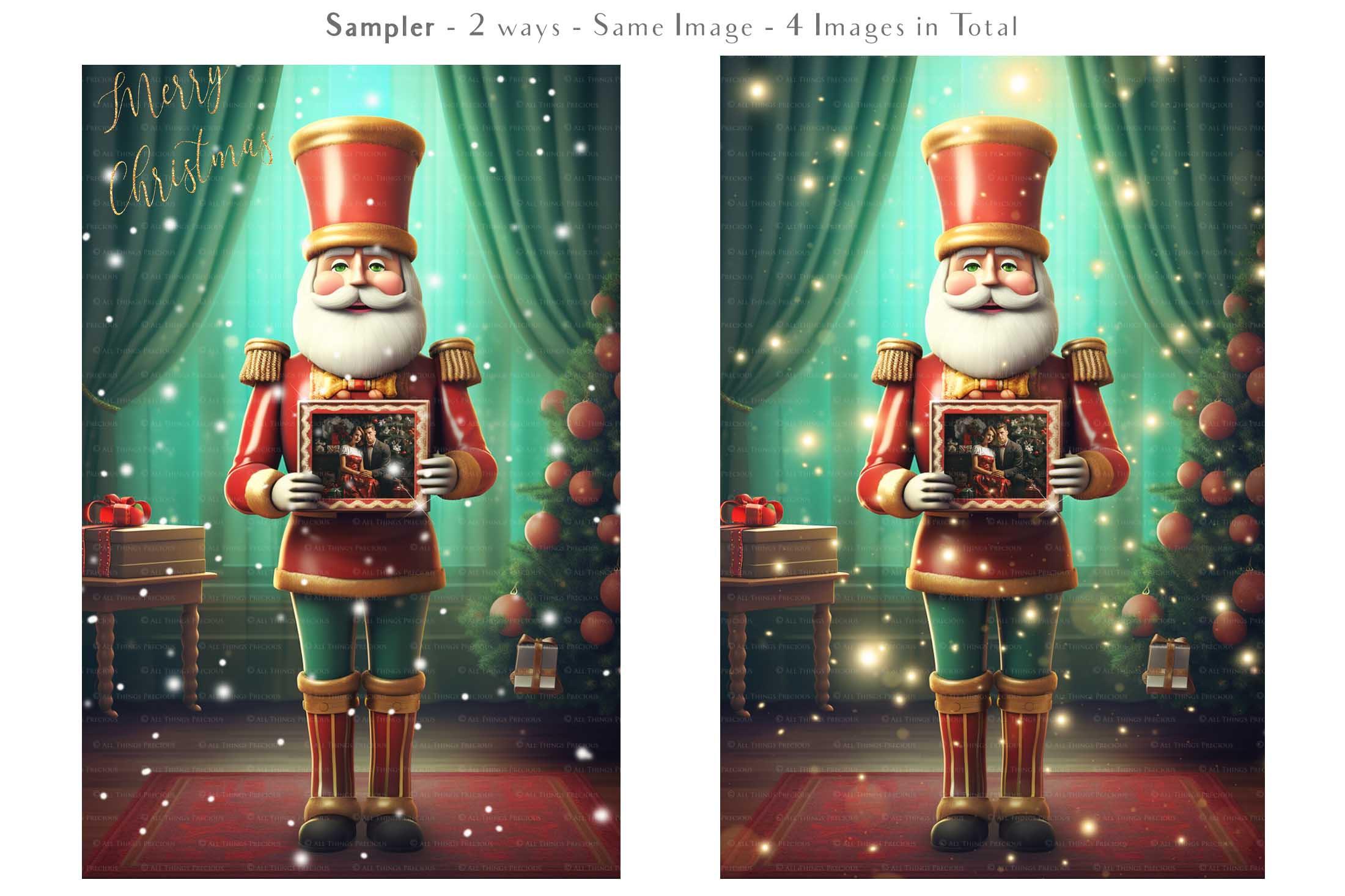 Christmas Nutcracker Frame Background, with glows, snow flurries and a PSD template included in the set.  The frame transparent, perfect for you to add your own images. This file is 4000 x 6000, 300dpi. Photography, Scrapbooking, Photo Overlays, Png, Jpeg, Psd. ATP Textures.