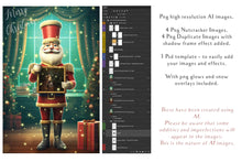 Load image into Gallery viewer, Christmas Nutcracker Frame Background, with glows, snow flurries and a PSD template included in the set.  The frame transparent, perfect for you to add your own images. This file is 4000 x 6000, 300dpi. Photography, Scrapbooking, Photo Overlays, Png, Jpeg, Psd. ATP Textures.
