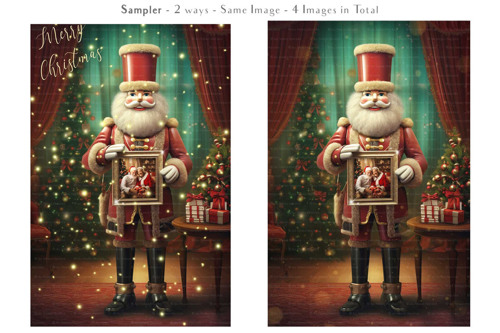 Christmas Nutcracker Frame Background, with glows, snow flurries and a PSD template included in the set.  The frame transparent, perfect for you to add your own images. This file is 4000 x 6000, 300dpi. Photography, Scrapbooking, Photo Overlays, Png, Jpeg, Psd. ATP Textures.