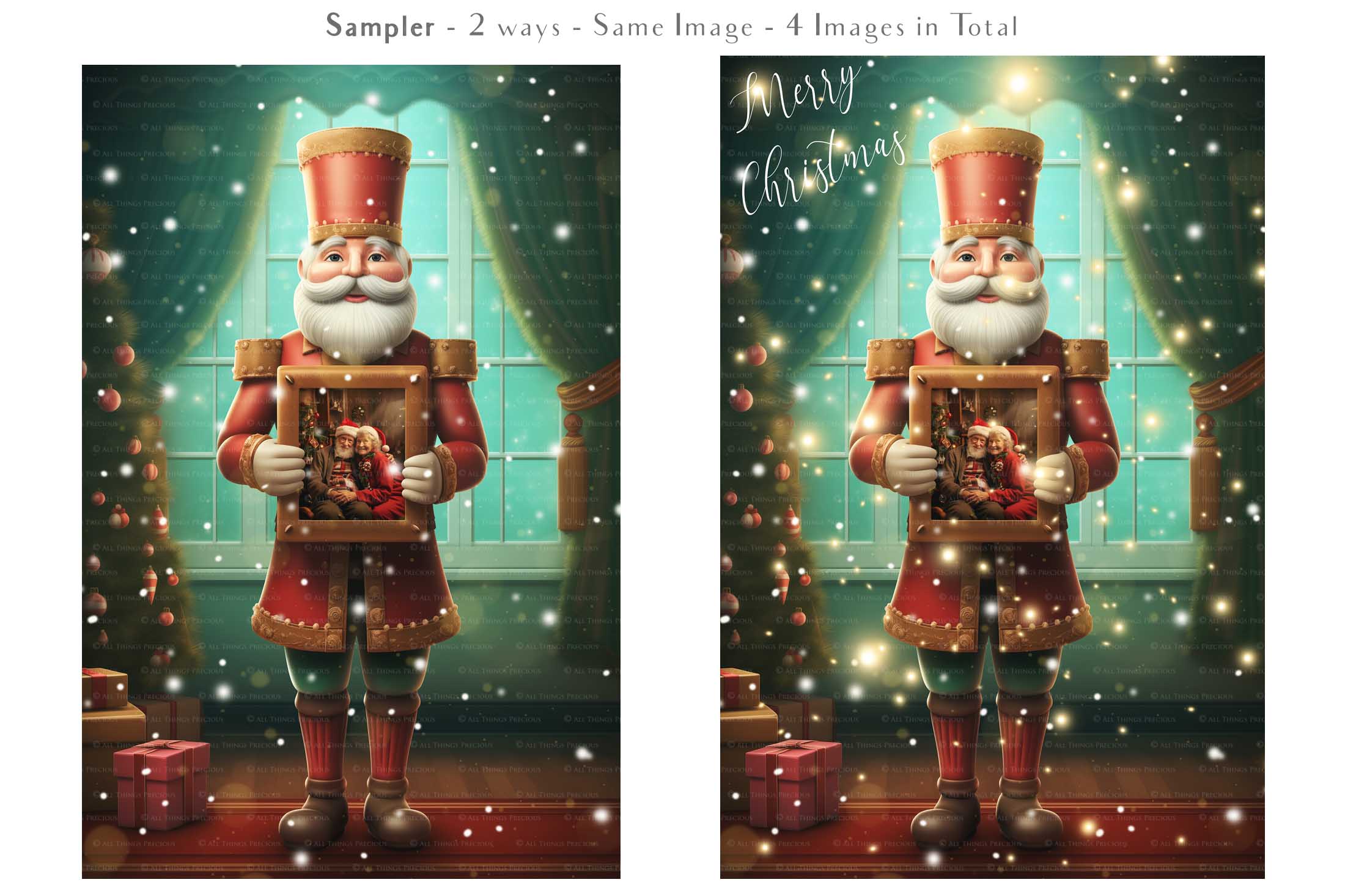 Christmas Nutcracker Frame Background, with glows, snow flurries and a PSD template included in the set.  The frame transparent, perfect for you to add your own images. This file is 4000 x 6000, 300dpi. Photography, Scrapbooking, Photo Overlays, Png, Jpeg, Psd. ATP Textures.