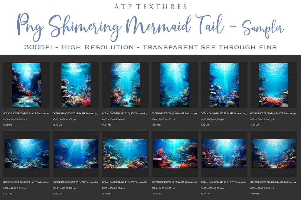 Mermaid Tail fin overlays in colourful tints. By ATP Textures