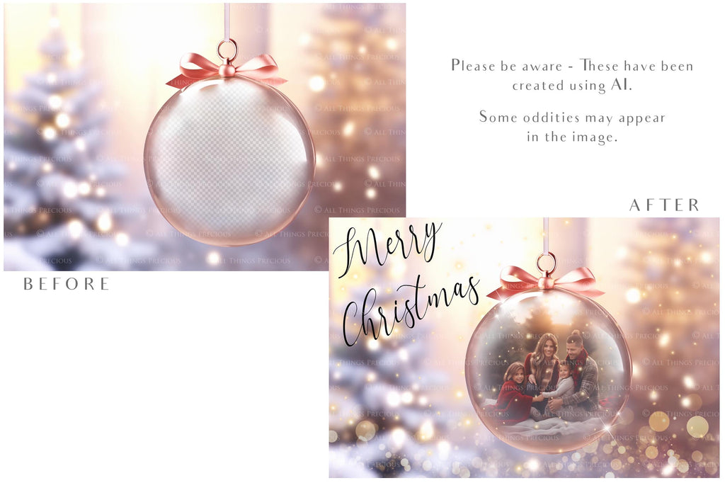 Christmas Glass Bauble Ornament Overlay and Background, with snow flurries and a PSD template included in the set.The globe is transparent, perfect for you to add your own images and retain the snow globe effect.This file is 6000 x 4000, 300dpi. Photography, Scrapbooking, Photo Overlays, Png, Jpeg, Psd. ATP Textures.