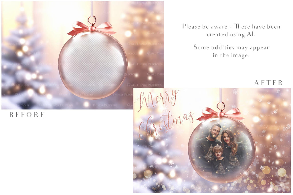 Christmas Glass Bauble Ornament Overlay and Background, with snow flurries and a PSD template included in the set.The globe is transparent, perfect for you to add your own images and retain the snow globe effect.This file is 6000 x 4000, 300dpi. Photography, Scrapbooking, Photo Overlays, Png, Jpeg, Psd. ATP Textures.