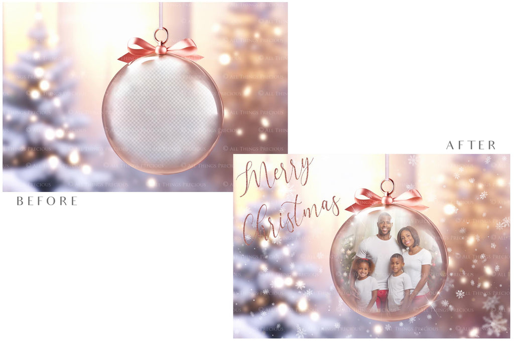 Christmas Glass Bauble Ornament Overlay and Background, with snow flurries and a PSD template included in the set.The globe is transparent, perfect for you to add your own images and retain the snow globe effect.This file is 6000 x 4000, 300dpi. Photography, Scrapbooking, Photo Overlays, Png, Jpeg, Psd. ATP Textures.