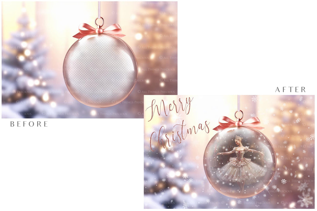 Christmas Glass Bauble Ornament Overlay and Background, with snow flurries and a PSD template included in the set.The globe is transparent, perfect for you to add your own images and retain the snow globe effect.This file is 6000 x 4000, 300dpi. Photography, Scrapbooking, Photo Overlays, Png, Jpeg, Psd. ATP Textures.