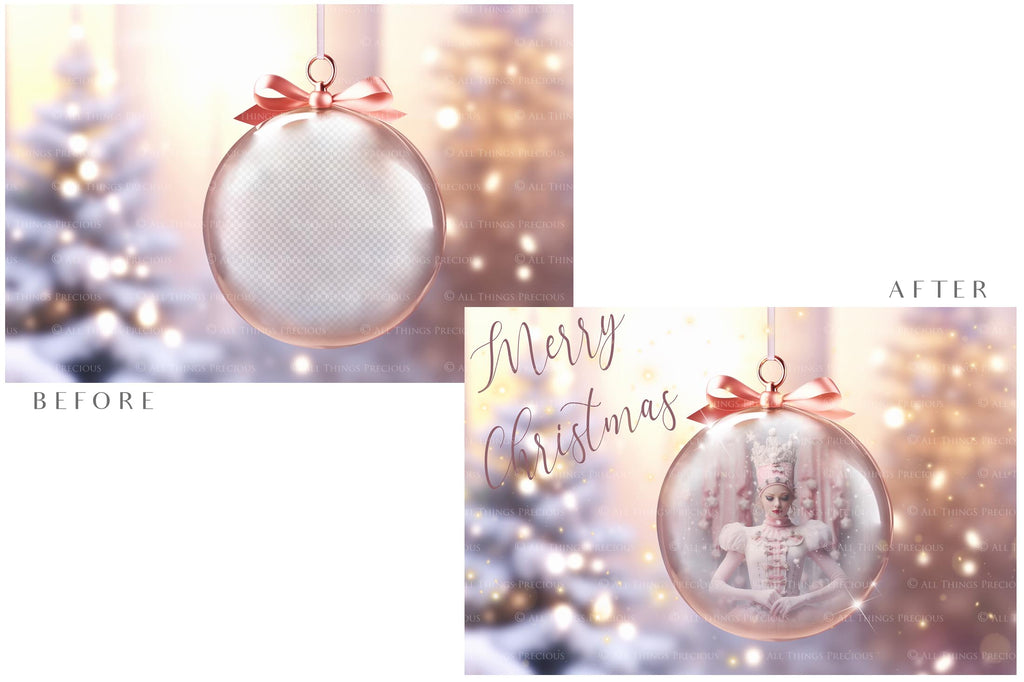 Christmas Glass Bauble Ornament Overlay and Background, with snow flurries and a PSD template included in the set.The globe is transparent, perfect for you to add your own images and retain the snow globe effect.This file is 6000 x 4000, 300dpi. Photography, Scrapbooking, Photo Overlays, Png, Jpeg, Psd. ATP Textures.