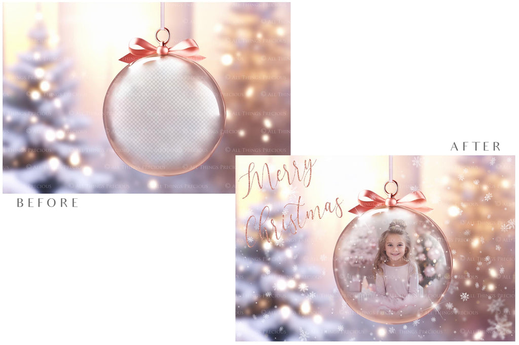 Christmas Glass Bauble Ornament Overlay and Background, with snow flurries and a PSD template included in the set.The globe is transparent, perfect for you to add your own images and retain the snow globe effect.This file is 6000 x 4000, 300dpi. Photography, Scrapbooking, Photo Overlays, Png, Jpeg, Psd. ATP Textures.