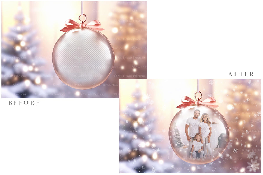 Christmas Glass Bauble Ornament Overlay and Background, with snow flurries and a PSD template included in the set.The globe is transparent, perfect for you to add your own images and retain the snow globe effect.This file is 6000 x 4000, 300dpi. Photography, Scrapbooking, Photo Overlays, Png, Jpeg, Psd. ATP Textures.