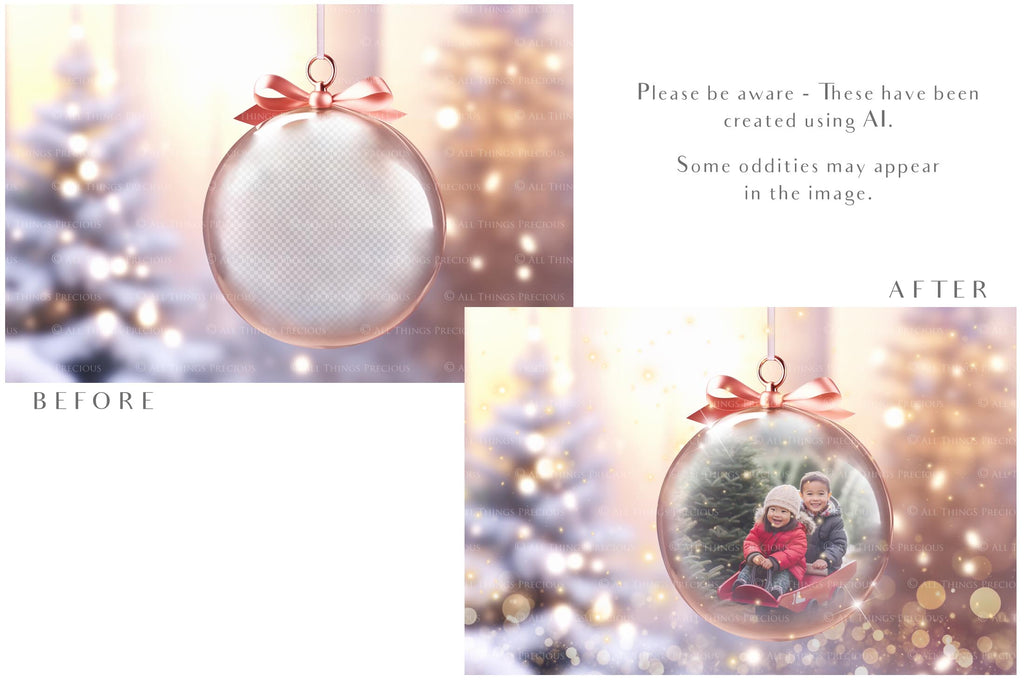 Christmas Glass Bauble Ornament Overlay and Background, with snow flurries and a PSD template included in the set.The globe is transparent, perfect for you to add your own images and retain the snow globe effect.This file is 6000 x 4000, 300dpi. Photography, Scrapbooking, Photo Overlays, Png, Jpeg, Psd. ATP Textures.