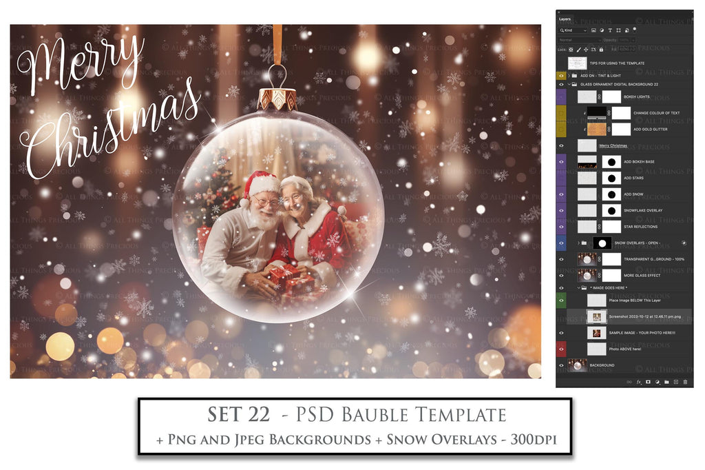 Christmas Glass Bauble Ornament Overlay and Background, with snow flurries and a PSD template included in the set.The globe is transparent, perfect for you to add your own images and retain the snow globe effect.This file is 6000 x 4000, 300dpi. Photography, Scrapbooking, Photo Overlays, Png, Jpeg, Psd. ATP Textures.