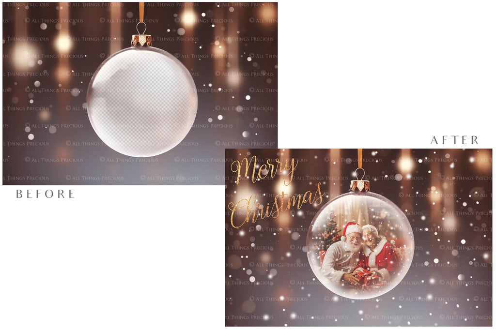 Christmas Glass Bauble Ornament Overlay and Background, with snow flurries and a PSD template included in the set.The globe is transparent, perfect for you to add your own images and retain the snow globe effect.This file is 6000 x 4000, 300dpi. Photography, Scrapbooking, Photo Overlays, Png, Jpeg, Psd. ATP Textures.