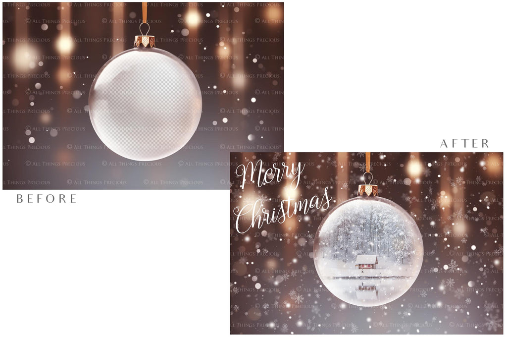 Christmas Glass Bauble Ornament Overlay and Background, with snow flurries and a PSD template included in the set.The globe is transparent, perfect for you to add your own images and retain the snow globe effect.This file is 6000 x 4000, 300dpi. Photography, Scrapbooking, Photo Overlays, Png, Jpeg, Psd. ATP Textures.