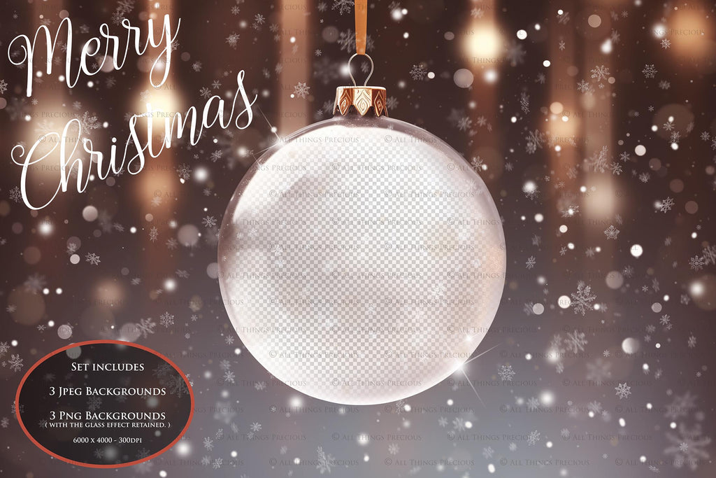 Christmas Glass Bauble Ornament Overlay and Background, with snow flurries and a PSD template included in the set.The globe is transparent, perfect for you to add your own images and retain the snow globe effect.This file is 6000 x 4000, 300dpi. Photography, Scrapbooking, Photo Overlays, Png, Jpeg, Psd. ATP Textures.