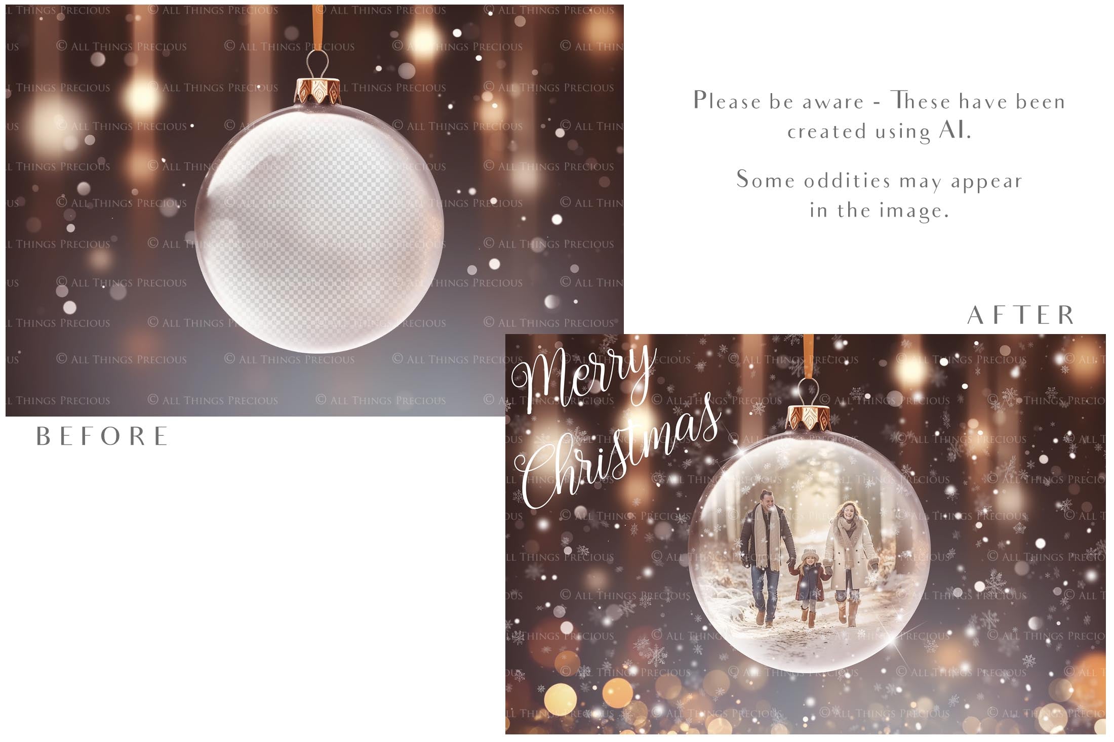 Christmas Glass Bauble Ornament Overlay and Background, with snow flurries and a PSD template included in the set.The globe is transparent, perfect for you to add your own images and retain the snow globe effect.This file is 6000 x 4000, 300dpi. Photography, Scrapbooking, Photo Overlays, Png, Jpeg, Psd. ATP Textures.