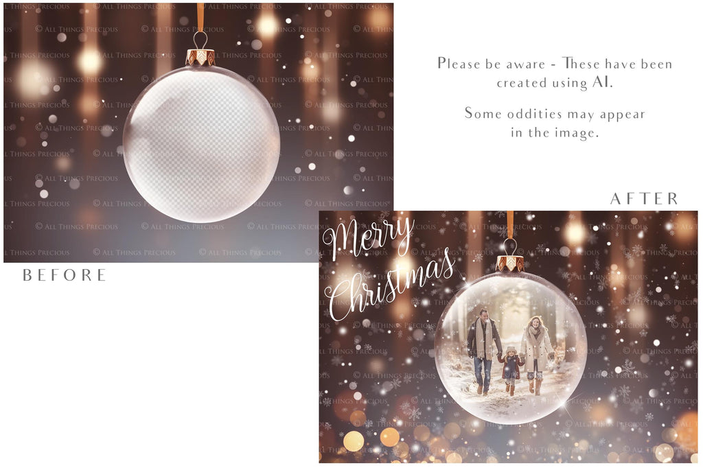 Christmas Glass Bauble Ornament Overlay and Background, with snow flurries and a PSD template included in the set.The globe is transparent, perfect for you to add your own images and retain the snow globe effect.This file is 6000 x 4000, 300dpi. Photography, Scrapbooking, Photo Overlays, Png, Jpeg, Psd. ATP Textures.