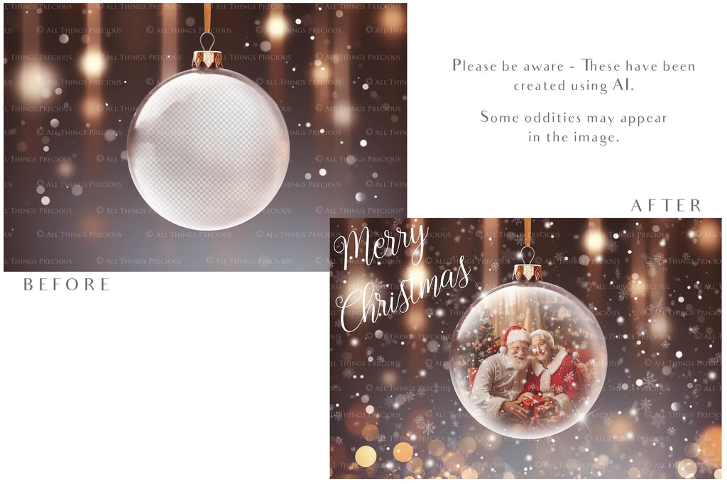 Christmas Glass Bauble Ornament Overlay and Background, with snow flurries and a PSD template included in the set.The globe is transparent, perfect for you to add your own images and retain the snow globe effect.This file is 6000 x 4000, 300dpi. Photography, Scrapbooking, Photo Overlays, Png, Jpeg, Psd. ATP Textures.