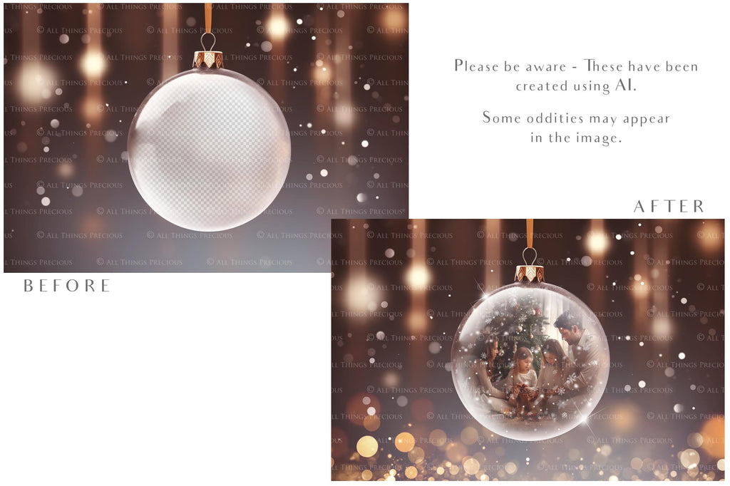 Christmas Glass Bauble Ornament Overlay and Background, with snow flurries and a PSD template included in the set.The globe is transparent, perfect for you to add your own images and retain the snow globe effect.This file is 6000 x 4000, 300dpi. Photography, Scrapbooking, Photo Overlays, Png, Jpeg, Psd. ATP Textures.