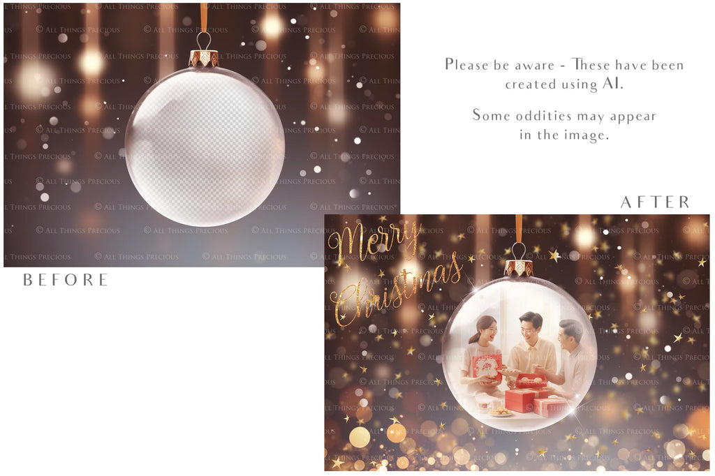 Christmas Glass Bauble Ornament Overlay and Background, with snow flurries and a PSD template included in the set.The globe is transparent, perfect for you to add your own images and retain the snow globe effect.This file is 6000 x 4000, 300dpi. Photography, Scrapbooking, Photo Overlays, Png, Jpeg, Psd. ATP Textures.