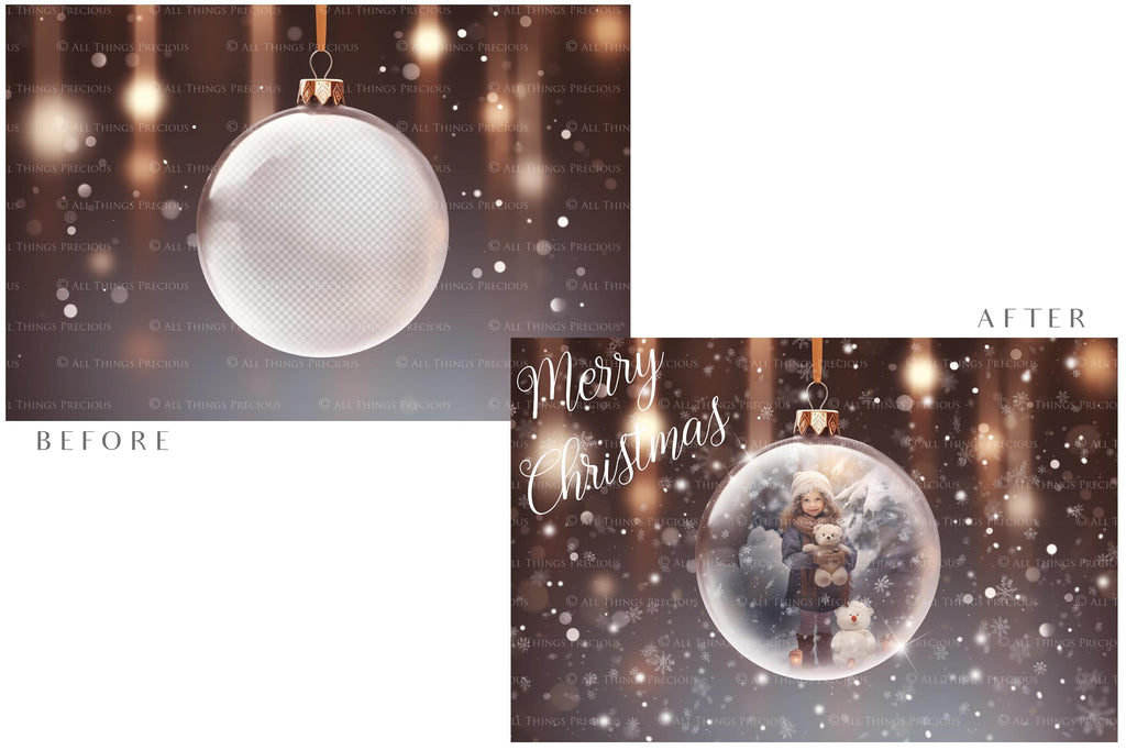 Christmas Glass Bauble Ornament Overlay and Background, with snow flurries and a PSD template included in the set.The globe is transparent, perfect for you to add your own images and retain the snow globe effect.This file is 6000 x 4000, 300dpi. Photography, Scrapbooking, Photo Overlays, Png, Jpeg, Psd. ATP Textures.