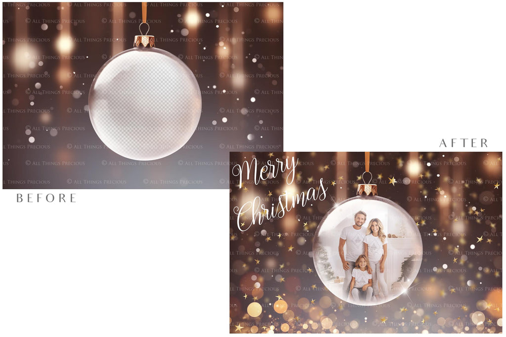 Christmas Glass Bauble Ornament Overlay and Background, with snow flurries and a PSD template included in the set.The globe is transparent, perfect for you to add your own images and retain the snow globe effect.This file is 6000 x 4000, 300dpi. Photography, Scrapbooking, Photo Overlays, Png, Jpeg, Psd. ATP Textures.