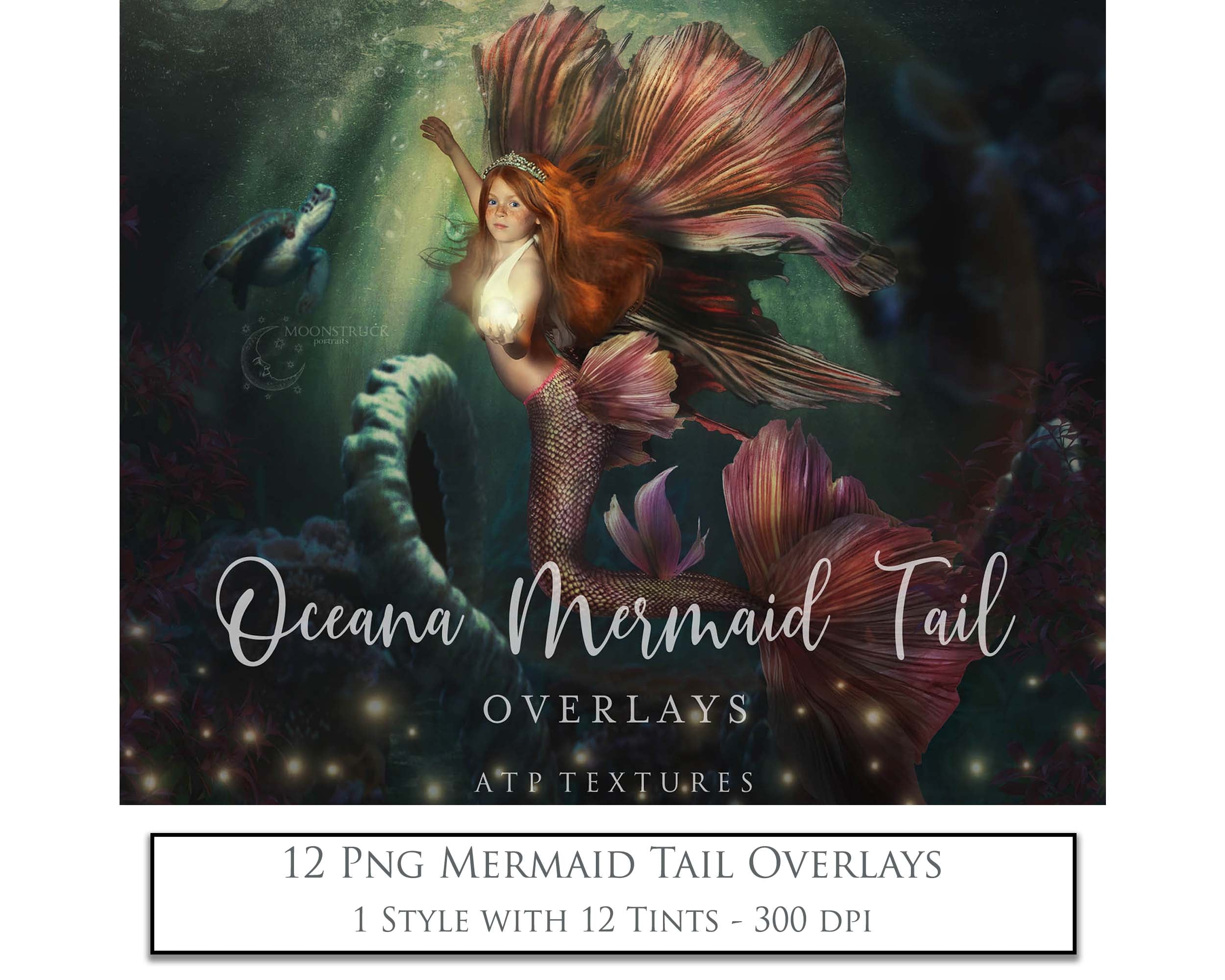Mermaid Tail fin overlays in colourful tints. By ATP Textures
