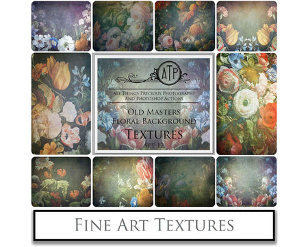 Old Masters floral Backgrounds. Digital Backdrop Fine art texture for photographers. Photo Overlays. Antique, Old World, Grunge, Abstract wall decor bundle. Textured Background. Printable backdrop, Colour Flower Print Bundle. High resolution, 300dpi Graphic Assets for photography, scrapbooking, design. By ATP Textures