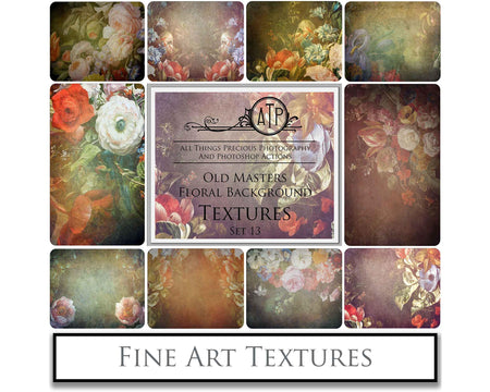 Old Masters floral Backgrounds. Digital Backdrop Fine art texture for photographers. Photo Overlays. Antique, Old World, Grunge, Abstract wall decor bundle. Textured Background. Printable backdrop, Colour Flower Print Bundle. High resolution, 300dpi Graphic Assets for photography, scrapbooking, design. By ATP Textures