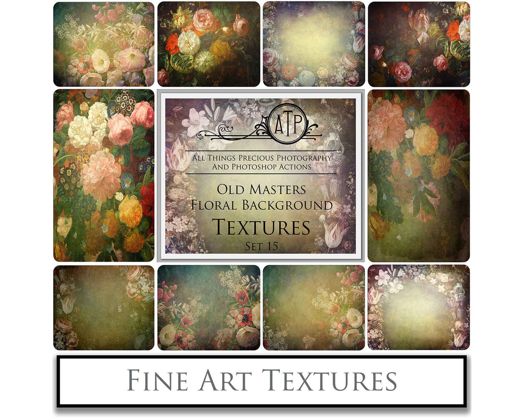 Old Masters floral Backgrounds. Digital Backdrop Fine art texture for photographers. Photo Overlays. Antique, Old World, Grunge, Abstract wall decor bundle. Textured Background. Printable backdrop, Colour Flower Print Bundle. High resolution, 300dpi Graphic Assets for photography, scrapbooking, design. By ATP Textures