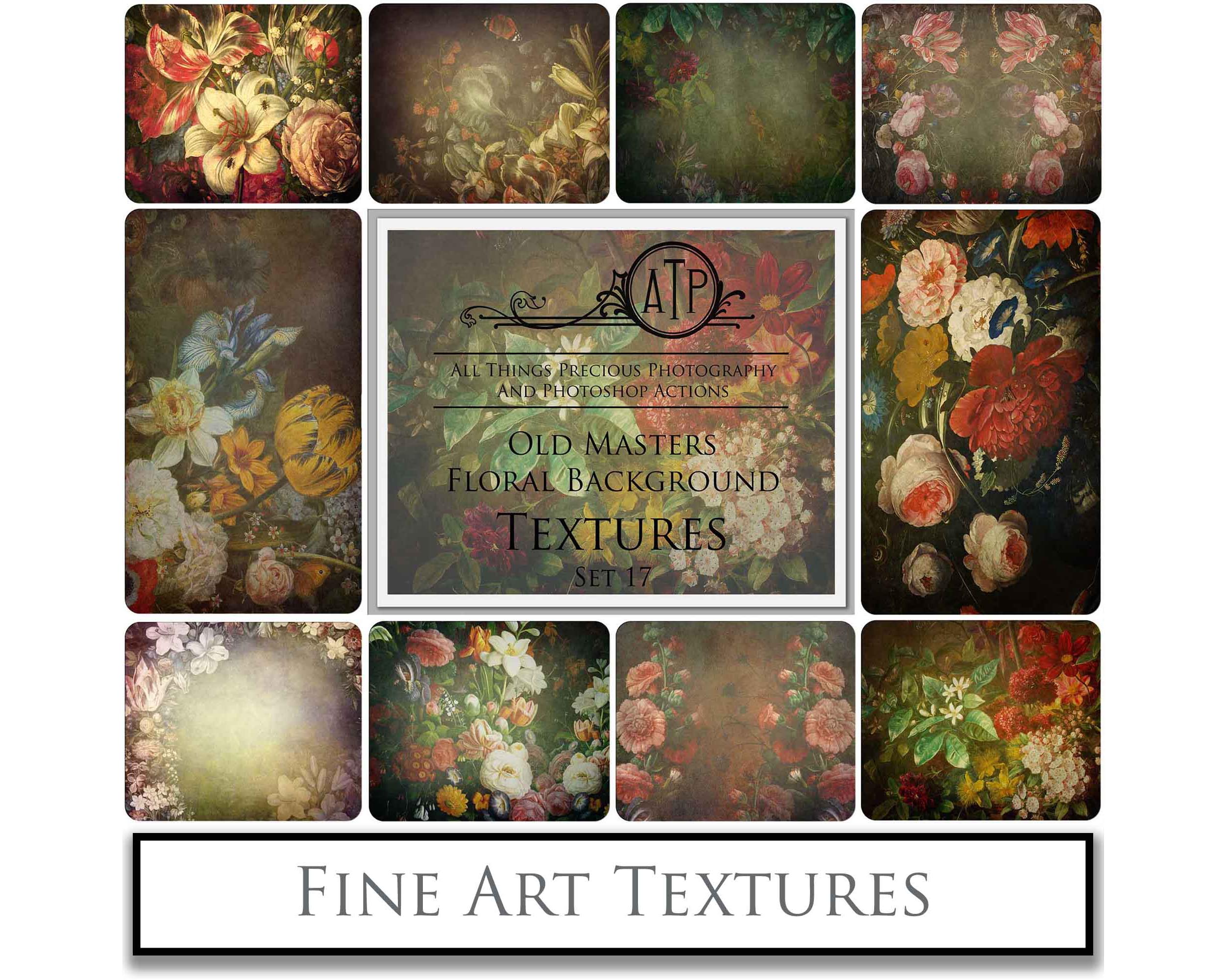 Old Masters floral Backgrounds. Digital Backdrop Fine art texture for photographers. Photo Overlays. Antique, Old World, Grunge, Abstract wall decor bundle. Textured Background. Printable backdrop, Colour Flower Print Bundle. High resolution, 300dpi Graphic Assets for photography, scrapbooking, design. By ATP Textures