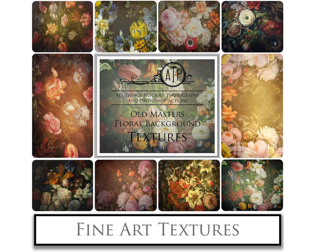 Old Masters floral Backgrounds. Digital Backdrop Fine art texture for photographers. Photo Overlays. Antique, Old World, Grunge, Abstract wall decor bundle. Textured Background. Printable backdrop, Colour Flower Print Bundle. High resolution, 300dpi Graphic Assets for photography, scrapbooking, design. By ATP Textures