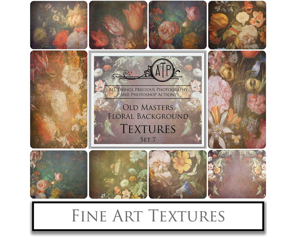 Old Masters floral Backgrounds. Digital Backdrop Fine art texture for photographers. Photo Overlays. Antique, Old World, Grunge, Abstract wall decor bundle. Textured Background. Printable backdrop, Colour Flower Print Bundle. High resolution, 300dpi Graphic Assets for photography, scrapbooking, design. By ATP Textures