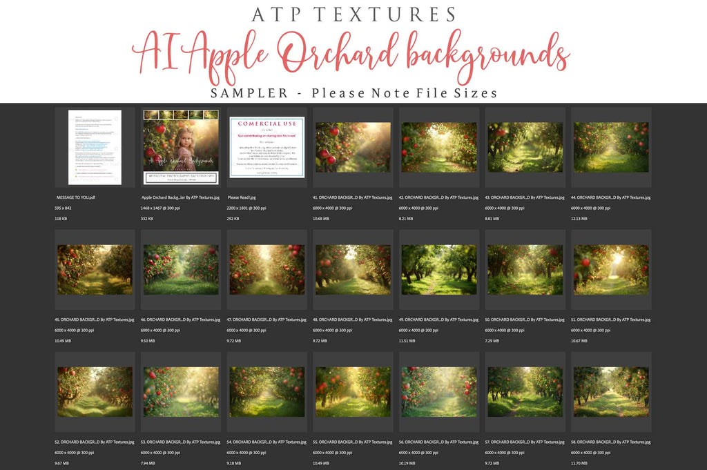 Apple Orchard Digital Background for Photographers. Fine Art Photo Backdrop. Add to your images for a dramatic sky effect. Each Digital file is 300dpi. These are in Jpeg format and high resolution. Find more at ATP Textures store.